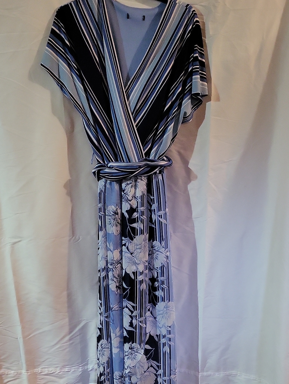 Blue Striped & Floral Wrap Maxi Dress